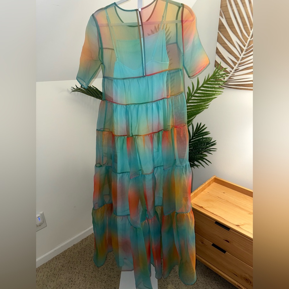 STAUD Hyacinth Tiered Rainbow Dress maxi crepe‎ organza sheer Multi Aura XS - Picture 6 of 7
